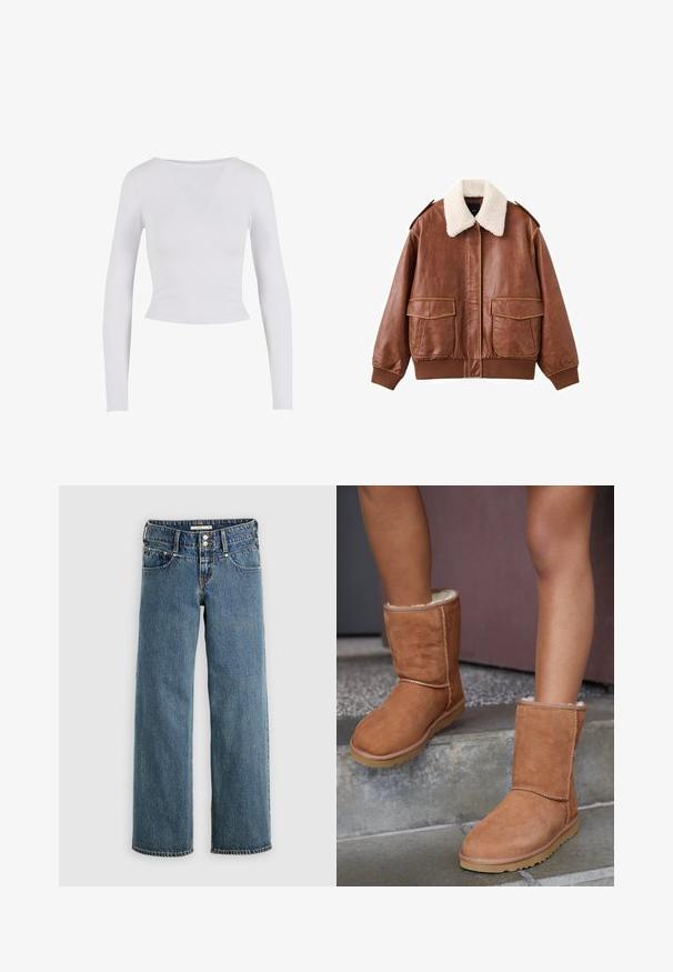 Chaqueta bomber de cuero marrón con un suave cuello de piel blanca, dos bolsillos delanteros y puños y dobladillo acanalados. Textura lisa con costuras visibles.; Top corto de manga larga blanco con cuello redondo, hecho de una tela suave y elástica, que presenta un diseño ajustado y sin cierres visibles.; Vaqueros de mezclilla azul con diseño de pierna recta, con bragueta de botones, cinco bolsillos y costuras contrastantes a lo largo de las costuras.; Botas de tobillo de ante marrón con punta redonda, forro suave y suela de goma, con detalles de costura visibles a lo largo de las costuras.