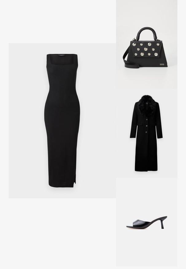 Abrigo largo negro hecho de una mezcla de lana, con un cuello de piel sintética, cinco botones frontales y dos bolsillos laterales. Textura suave y diseño entallado.; Vestido midi de punto acanalado negro con escote cuadrado, silueta ajustada y abertura lateral. El material tiene una textura suave. Diseño simple.; Mula de charol negro con punta abierta, tacón bajo y delgado, y diseño deslizable sobre un fondo gris claro.; Bolso de mano negro con forma estructurada, que cuenta con un asa superior, una correa para el hombro y remaches metálicos decorativos en la parte frontal.