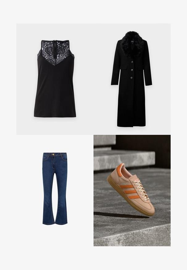 Sort lang frakke lavet af uldblanding, med et faux fur-krave, fem frontknapper og to sidelommer. Glat tekstur og skræddersyet design.; Sort tanktop med blondeoverlay ved udskæringen, med et V-formet design og en lynlås i ryggen. Glat stoftekstur.; Mørkeblå denim bootcut jeans med frontknap, lynlås og fem-lomme design på hvid baggrund.; Beige sneaker med orange striber, polstret krave, tekstureret gummisål og hvide snørebånd. Har et "Spezial"-logo på siden.