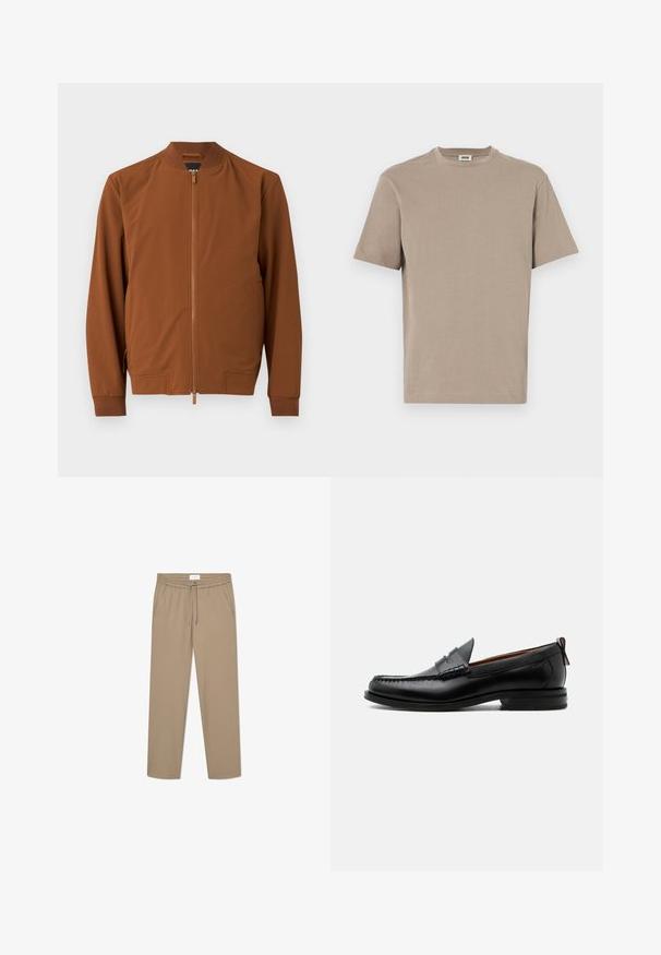 Brun bomberjakke lavet af glat stof. Har en lynlås lukning, ribbet krave, elastiske manchetter og to sidelommer.; Beige bomulds t-shirt med rund hals, korte ærmer og lige kant. Glat tekstur, minimalistisk design, ingen synlige grafik eller accenter.; Beige strækbukser med elastisk talje og snørelukning, der har to sidelommer og et lige ben-design. Glat tekstur.; Sort læder herre loafer med moc-tå syning, penny strop, struktureret krave og lav stablet hæl på hvid baggrund.