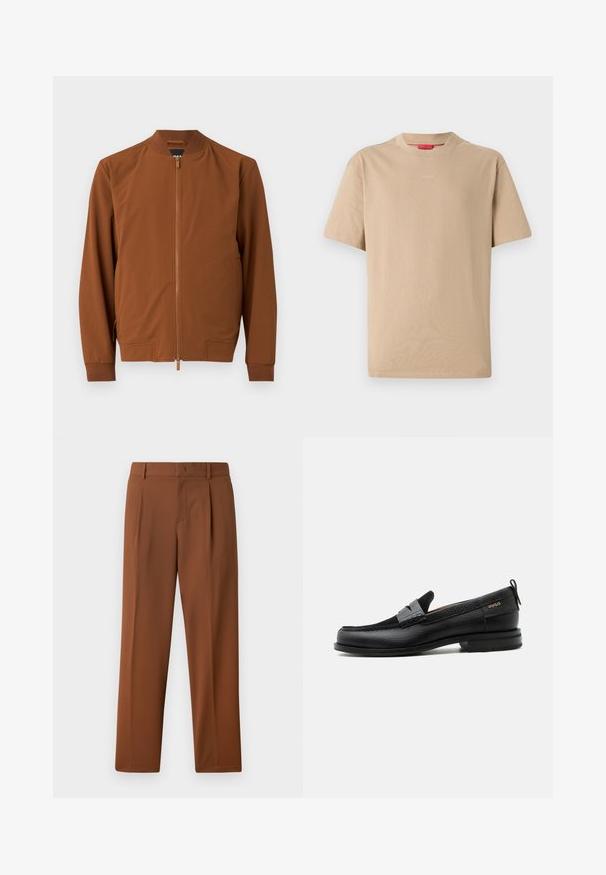 Braune Bomberjacke aus glattem Stoff. Sie hat einen Reißverschluss, einen gerippten Kragen, elastische Bündchen und zwei Seitentaschen.; Beige Baumwoll-T-Shirt mit kurzen Ärmeln, Rundhalsausschnitt und dezentem "HUGO"-Logo in der Mitte. Angenehme Textur, legerer Schnitt.; Braune Hosen mit einer glatten, matten Textur, mit Bundfalte und geraden Beinen. Hergestellt aus leichtem, atmungsaktiven Stoff.; Schwarzer Lederloafer mit grauem Riemendetail, niedrigem Absatz und strukturierter Sohle, seitlich mit „HUGO“ in Gold gebrandmarkt.