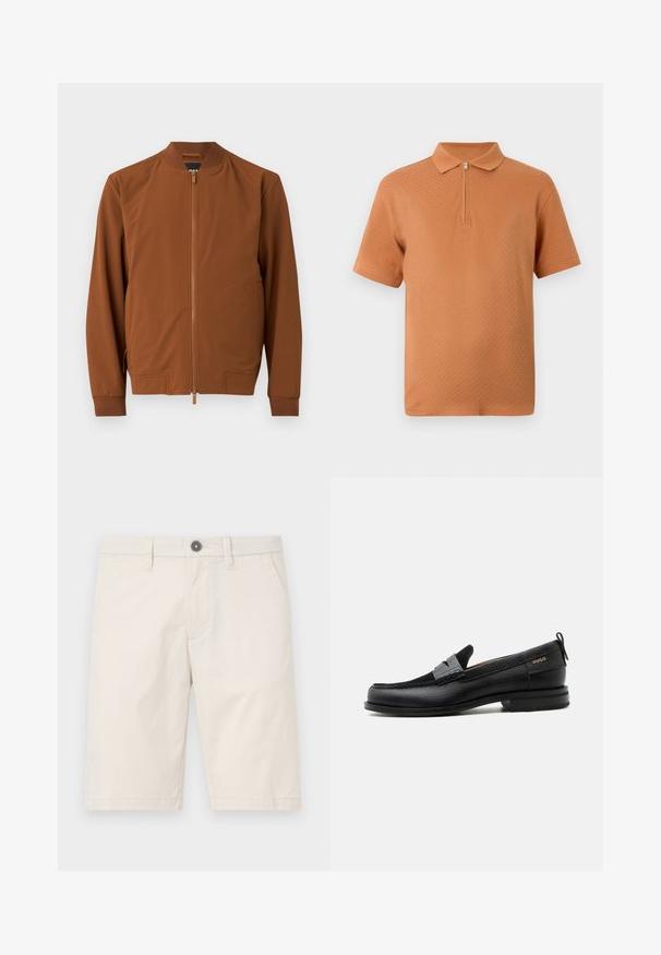 Braune Bomberjacke aus glattem Stoff. Sie hat einen Reißverschluss, einen gerippten Kragen, elastische Bündchen und zwei Seitentaschen.; Kurzarm-Poloshirt für Herren in strukturierter oranger Farbe mit einem Reißverschluss am Ausschnitt und einem klassischen Kragen auf weißem Hintergrund.; Helle beige Shorts aus Baumwolle mit geradem Schnitt, zwei seitlichen Taschen und einem einzelnen schwarzen Knopf am Bund.; Schwarzer Lederloafer mit grauem Riemendetail, niedrigem Absatz und strukturierter Sohle, seitlich mit „HUGO“ in Gold gebrandmarkt.