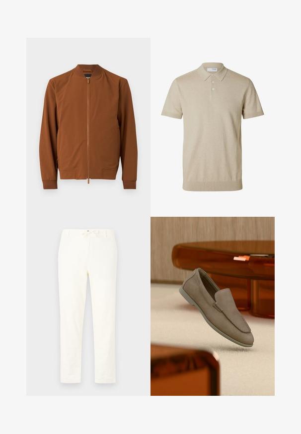Blouson bomber marron en tissu lisse. Il comporte une fermeture éclair, un col côtelé, des poignets élastiques et deux poches latérales.; Polo beige à manches courtes avec col et trois boutons, bords côtelés aux manches et à l'ourlet, tissu en maille unie.; Pantalons en lin légers et blancs avec une taille à cordon de serrage. Conception à jambes droites, texture minimale et sans motifs ou détails matériels visibles.; Mocassin beige en daim à enfiler avec coutures visibles et semelle claire, positionné au-dessus d'un tapis crème, avec un meuble translucide orange en arrière-plan.