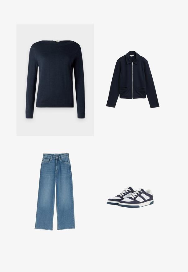 Marineblå jakke med lynlås, krave og to forlommer; lavet af struktureret stof, med lange ærmer og tætsiddende design.; Navyblå langærmet sweater med rund hals og ribbede manchetter og kant, vist mod en simpel hvid baggrund.; Lyseblå jeans med bred benvidde og høj talje, fem lommer og synlig syning; stoffet har en let struktureret overflade.; Marineblå og hvide canvas sneakers med et lavt design, der har snørebånd, gummisåler og kontrasterende stribede detaljer.