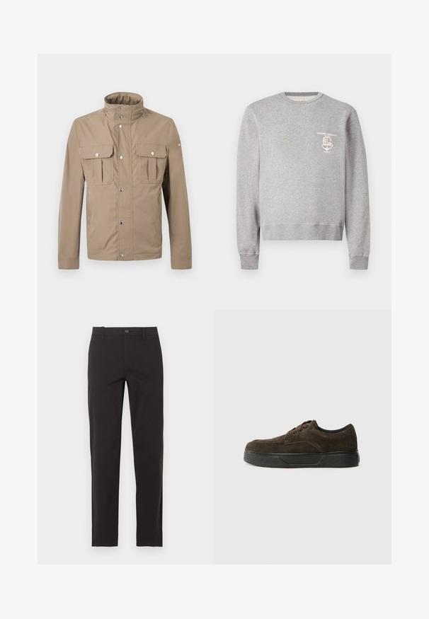 Veste beige pour homme avec col montant, boutons pression à l'avant, deux poches à rabat sur la poitrine avec boutons, et manches longues.; Sweat-shirt gris clair à col rond, manches longues et petit logo blanc imprimé à gauche sur la poitrine indiquant « Officine Generale Paris 6 ».; Pantalon noir slim avec fermeture par bouton et fermeture éclair, passants de ceinture et jambes droites, présenté sur un fond clair uni.; Baskets en suede marron avec une silhouette basse, un bout rond, un design à lacets, une semelle en caoutchouc noir texturé et un branding minimal.