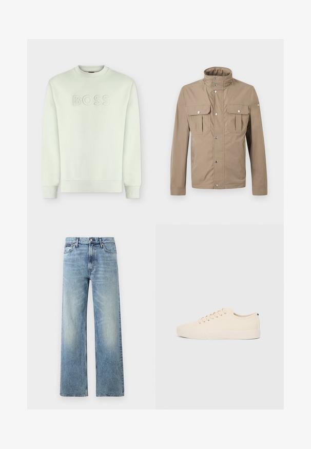 Veste beige pour homme avec col montant, boutons pression à l'avant, deux poches à rabat sur la poitrine avec boutons, et manches longues.; Sweat-shirt beige clair à col rond avec manches longues et logo "BOSS" en relief brodé sur la poitrine.; Jean droit en denim bleu clair avec taille haute, cinq poches, fermeture à boutons et léger délavage sur les cuisses et les genoux.; Baskets en toile beige avec bout arrondi, semelle en caoutchouc plate et lacets à l'avant. Présente un design minimaliste et un accent noir contrastant au niveau du talon.