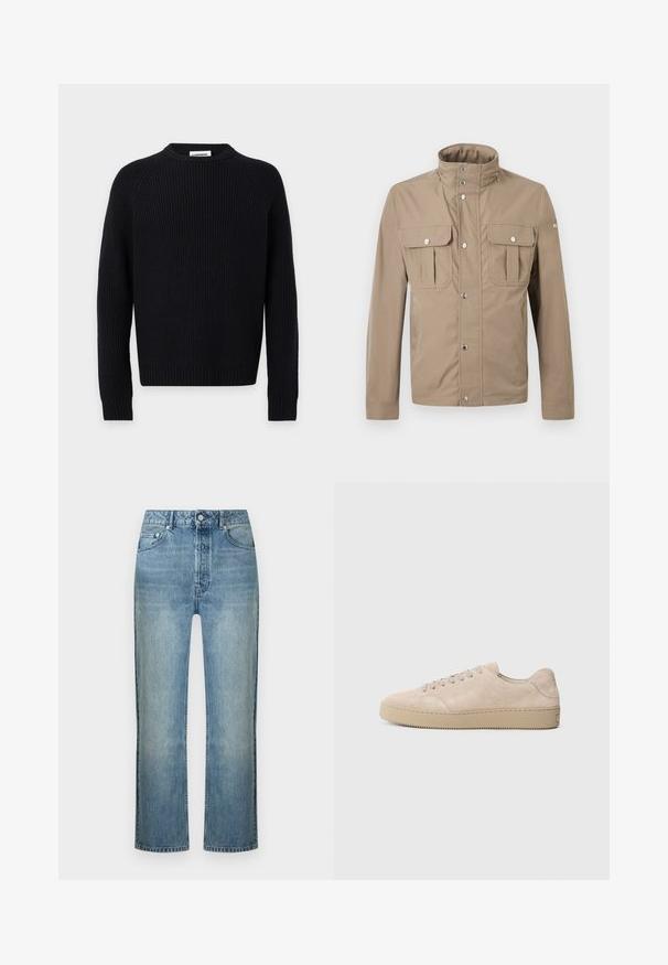 Beige men's jacket with high collar, front snap buttons, two chest flap pockets with buttons, and long sleeves.; Black long-sleeve ribbed knit sweater with crew neck and J. Lindeberg label at the back inside collar.; Light blue straight-leg denim jeans with front button and zipper closure, belt loops, and five-pocket styling.; Beige suede sneaker with a rounded toe, flat laces, and a textured rubber sole. Minimalist design with smooth edges and subtle stitching.