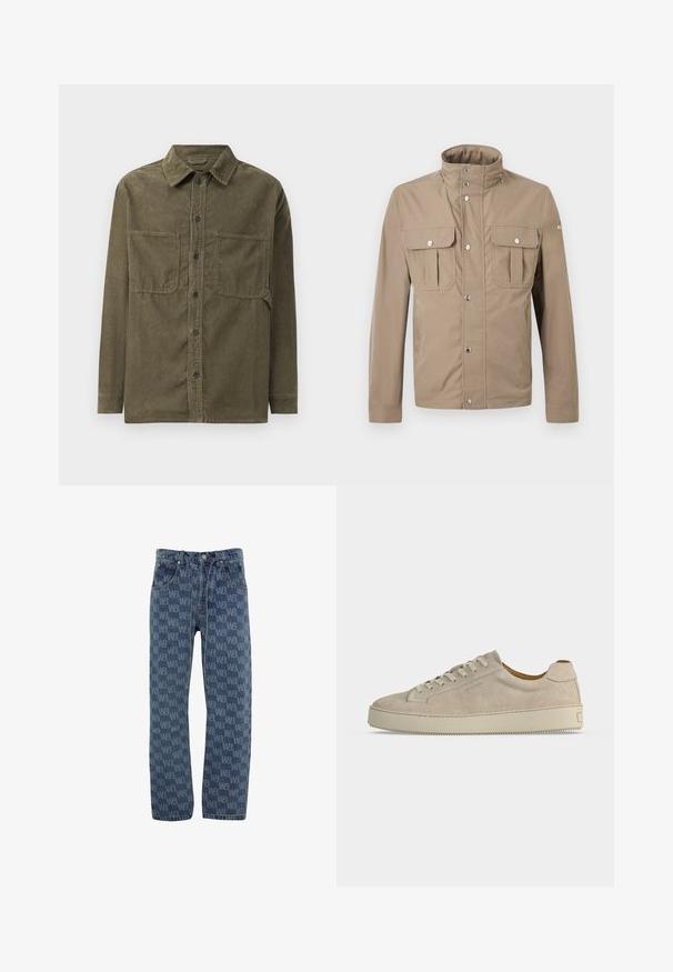 Beige herrejakke med høj krave, trykknapper foran, to brystlommer med klap og knapper samt lange ærmer.; Olivengrøn kordfløjl skjortejakke med spids krave, frontlukning med knapper og to brystlommer med klap.; Denim jeans med en blå farve og et gennemgående tonalt "WB" logo mønster, lige ben skæring, fem-lomme design og knaplukning.; Beige ruskind lavtop sneaker med snørelukning og tyk gummisål, vist fra siden på en ensfarvet hvid baggrund.