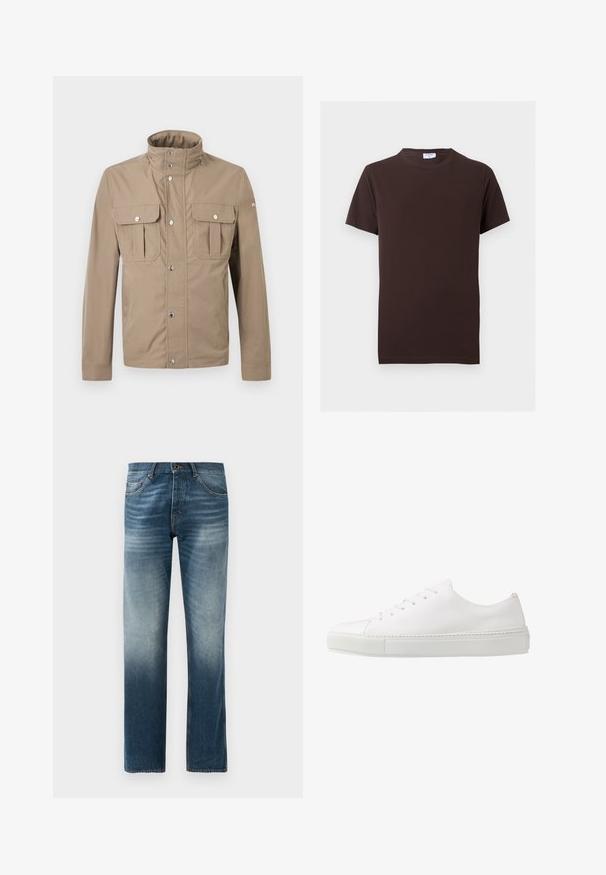 Beige herrejakke med høj krave, trykknapper foran, to brystlommer med klap og knapper samt lange ærmer.; Enkelt mørkebrunt t-shirt med korte ærmer og rund hals, med slank pasform og et lille hvidt mærke inde i kraven.; Denim jeans i mørkeblå farve med lysning, lige ben-design. Har fem lommer, standard talje med bæltestropper og metalknaplukning.; Hvide lædersneakers med en glat finish, rund tå og seks øjer til snørebånd. Har en tekstureret gummisål og et minimalisk design.
