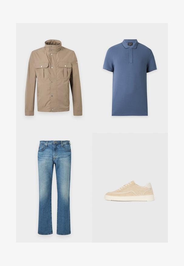 Veste beige pour homme avec col montant, boutons pression à l'avant, deux poches à rabat sur la poitrine avec boutons, et manches longues.; Polo bleu à manches courtes avec col et patte de boutonnage cachée, présenté sur un fond clair uni.; Pantalon en denim bleu, design à jambe droite avec un délavage, présentant un style classique à cinq poches et des accents en métal.; Baskets en daim beige avec semelle et lacets blancs, design basse, et motif de semelle en zigzag.