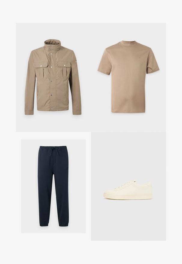 Veste beige pour homme avec col montant, boutons pression à l'avant, deux poches à rabat sur la poitrine avec boutons, et manches longues.; T-shirt beige à manches courtes avec col rond et un petit logo subtil sur la poitrine gauche, présenté sur un fond uni.; Pantalon de jogging bleu marine avec ceinture élastique, cordon de serrage ajustable, jambes fuselées et ourlets retroussés.; Baskets couleur crème avec une tige en cuir lisse, bout arrondi, laçage à l'avant et semelle en caoutchouc texturée. Design minimaliste, sans logo.