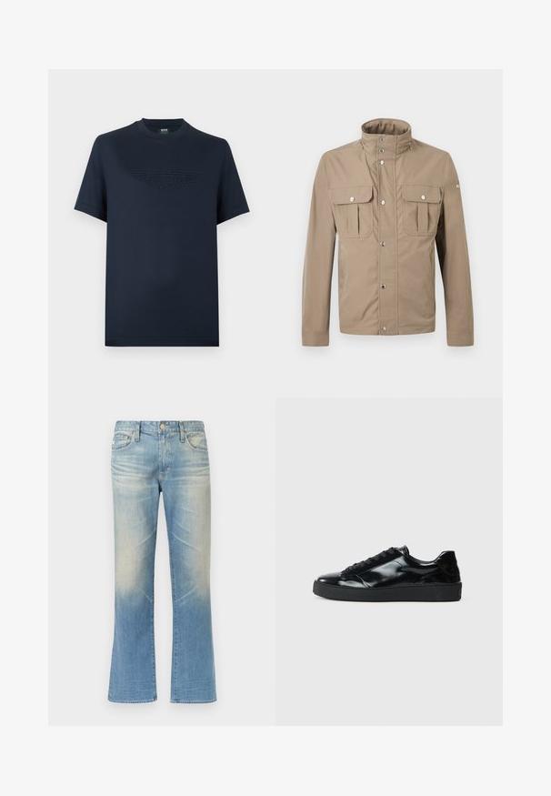 Veste beige pour homme avec col montant, boutons pression à l'avant, deux poches à rabat sur la poitrine avec boutons, et manches longues.; T-shirt en coton bleu marine à manches courtes, avec un logo ailé Aston Martin texturé sur le devant. Col rond classique, coupe décontractée.; Jean évasé en denim bleu clair avec une finition délavée, design à cinq poches, fermeture par bouton en métal et ourlets droits.; Baskets en cuir verni noir avec un bout arrondi, un laçage, une semelle en caoutchouc texturé et une finition lisse.