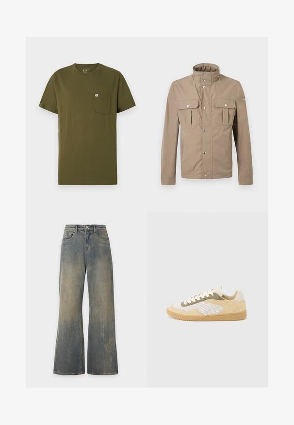 Beige Herrenjacke mit hohem Kragen, vorderen Druckknöpfen, zwei Brustklappentaschen mit Knöpfen und langen Ärmeln.; Olivenfarbiges Baumwoll-T-Shirt mit Rundhalsausschnitt, kurzen Ärmeln und einer Brusttasche auf der linken Seite, die ein kleines Markenetikett trägt. Glatte Textur.; Weit geschnittene, ausgewaschene blaue Jeans mit Vordertaschen und Gürtelschlaufen, vor einem schlichten hellen Hintergrund dargestellt.; Niedrig geschnittener Sneaker aus beigem Wildleder, weißen Mesh-Einsätzen, olivfarbenen Akzenten, weißen Schnürsenkeln und Gummisohle auf hellgrauem Hintergrund.
