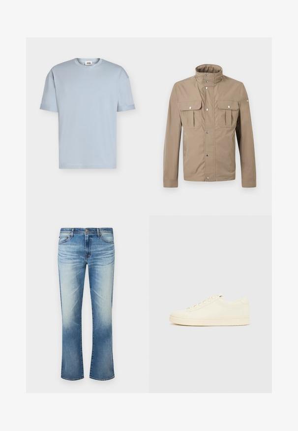 Veste beige pour homme avec col montant, boutons pression à l'avant, deux poches à rabat sur la poitrine avec boutons, et manches longues.; T-shirt bleu clair à manches courtes et col rond avec une petite étiquette de marque à l'intérieur du col, présenté sur un fond blanc uni.; Jean droit délavé bleu pour hommes avec fermeture à bouton et design à cinq poches sur fond blanc.; Baskets couleur crème avec une tige en cuir lisse, bout arrondi, laçage à l'avant et semelle en caoutchouc texturée. Design minimaliste, sans logo.