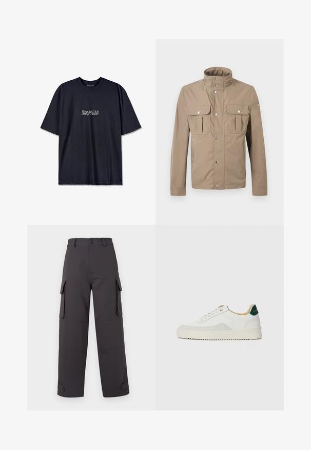 Beige herenjas met hoge kraag, drukknoopsluiting aan de voorkant, twee borstflappenzakken met knopen en lange mouwen.; Zwarte katoenen t-shirt met een ronde hals, voorzien van een witte bedrukte logo "Pescador Club" en "Scent of Summer" op de voorkant. Korte mouwen.; Cargo pants in donkergrijs, gemaakt van een soepele stof, met twee zijzakken en knoopsluitingen. Losse pasvorm met geknopte zoom.; Witte sneaker met suède accenten, ronde neus, platte veters en een crème rubberen zool. Bevat groene branding op de hiel.