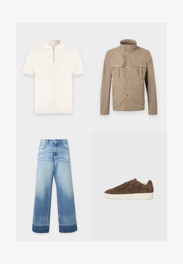 Veste beige pour homme avec col montant, boutons pression à l'avant, deux poches à rabat sur la poitrine avec boutons, et manches longues.; Polo blanc texturé à manches courtes avec col et fermeture éclair à l'avant, présenté sur un fond uni.; Jean en denim bleu clair à coupe large avec des détails délavés et des blocs de couleur plus foncés près de l'ourlet, bouton devant et poches visibles.; Baskets en daim marron avec une silhouette basse, un bout arrondi et une semelle en caoutchouc blanc. Elles présentent des lacets foncés et un logo discret sur le côté.