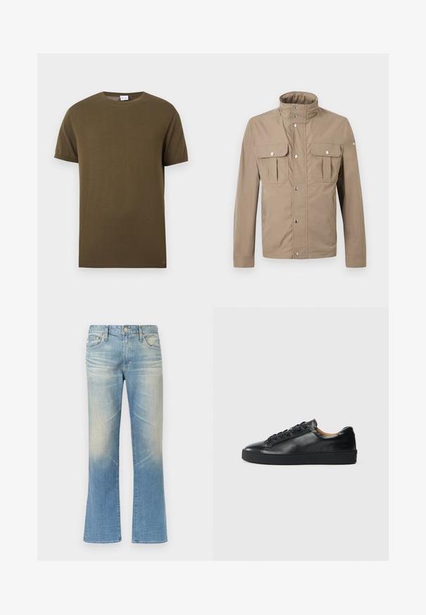 Veste beige pour homme avec col montant, boutons pression à l'avant, deux poches à rabat sur la poitrine avec boutons, et manches longues.; T-shirt à manches courtes et col rond de couleur vert olive avec une texture lisse et unie, présenté sur un fond blanc.; Jean évasé en denim bleu clair avec une finition délavée, design à cinq poches, fermeture par bouton en métal et ourlets droits.; Baskets en cuir noir avec une texture lisse, bout rond et fermeture à lacets. Comprend une semelle en caoutchouc épaisse et un minimum de détails de marque.