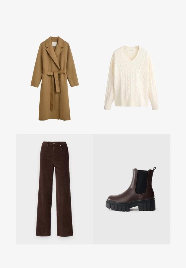 Brun uldblandingsfrakke med en lang design, klapkraver, et bælte i taljen og lange ærmer. Glat tekstur med en blød finish.; Cremefarvet kabelstrikket sweater med lange ærmer og ribstrikket V-hals, kant og manchetter på hvid baggrund.; Vero Moda VMTESSA WIDE PANTS - Bukser - chocolate torte; Brune læder ankelstøvler med elastiske sidepaneler, struktureret sort sål og en kraftig hæl. Har en kæde bagpå for nem påtagning.