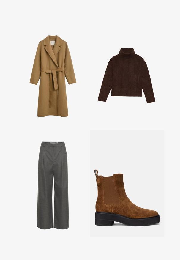 Brun uldblandingsfrakke med en lang design, klapkraver, et bælte i taljen og lange ærmer. Glat tekstur med en blød finish.; Brun ribbet turtleneck sweater med lange ærmer og cropped silhuet, med et tykkere, struktureret strikdesign.; Grå brede bukser lavet af struktureret stof, med høj talje og frontfolder, uden synlige lommer eller hardware detaljer.; Brune ruskindsankelstøvle med elastiske sidepaneler, en afrundet tå og en lav sort platformsål. Har en trækflig på hælen.