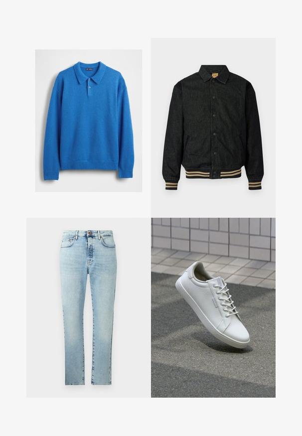 Veste en denim noir avec un devant à boutons, des poignets côtelés et une taille élastique. Dispose d'un col et de poches latérales.; Pull-over bleu avec un col à revers, une patte de boutonnage à trois boutons et des poignets et ourlet côtelés. Texture douce, design décontracté.; Jeans en denim bleu clair à coupe droite, avec un design à cinq poches et une fermeture à bouton en laiton. Présente un délavage subtil et des détails de couture.; Baskets blanches en cuir texturé, avec un système de laçage à l'avant, une semelle en caoutchouc robuste et un design minimaliste avec un embout renforcé.