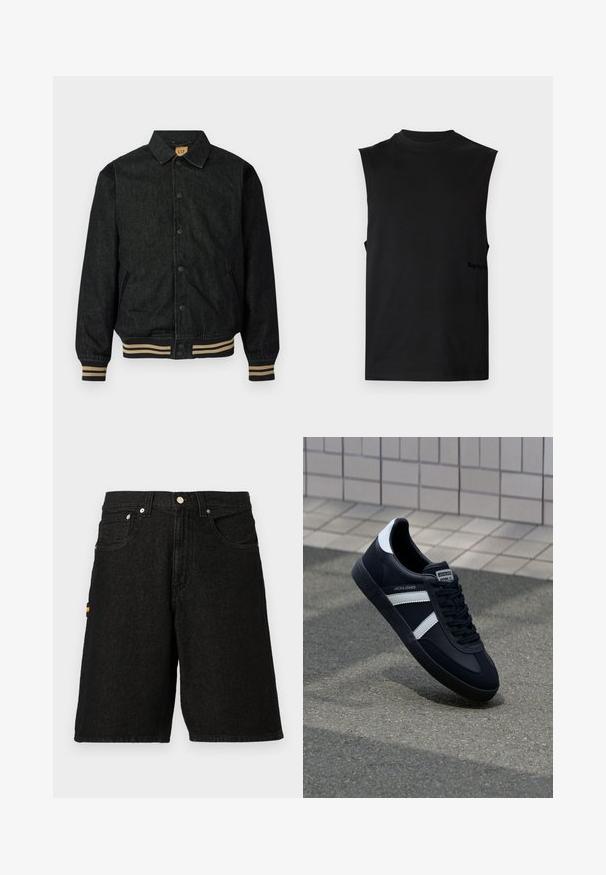 Sort denimjakke med knaplukning foran, ribbede manchetter og elastisk talje. Har krave og sidelommer.; Sort ærmeløs muskel tanktop med høj rund halsudskæring, lige kant og subtilt logo i den nederste side.; Sorte denimshorts med et klassisk fem-lomme design, sølvhardware og en diskret orange detalje på sidelommen.; Sort lædersneaker med hvide striber, tekstureret gummisål og snørrebånd foran. Har et brandet mærke på tungen.