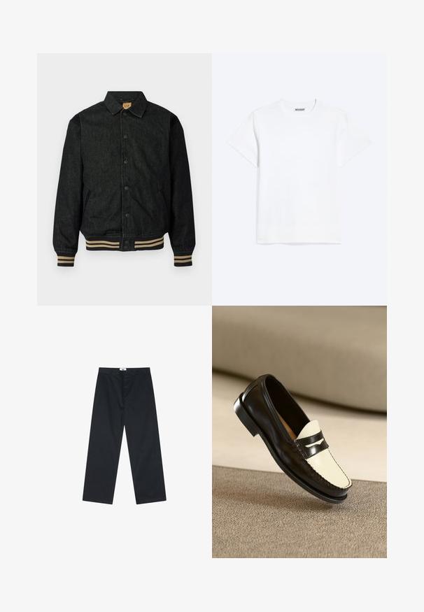 Čierna džínová bunda s button-up predným zapínaním, rebrovanými manžetami a elastickým pásom. Obsahuje golier a bočné vrecká.; Jednoduché biele tričko s krátkym rukávom a okrúhlym výstrihom s označením "WEEKDAY" na vnútornej zadnej časti goliera, zobrazené na svetlom pozadí.; Čierne bavlnené nohavice s rovnými nohavicami, s gombíkovým zapínaním a jednoduchým pásom. Bez vzorov alebo ďalších akcentov.; Čierne kožené loaferi s krémovou prednou časťou a čiernymi akcentovými prúžkami, s nízkym podpätkom a detailným prešívaním pozdĺž okrajov.