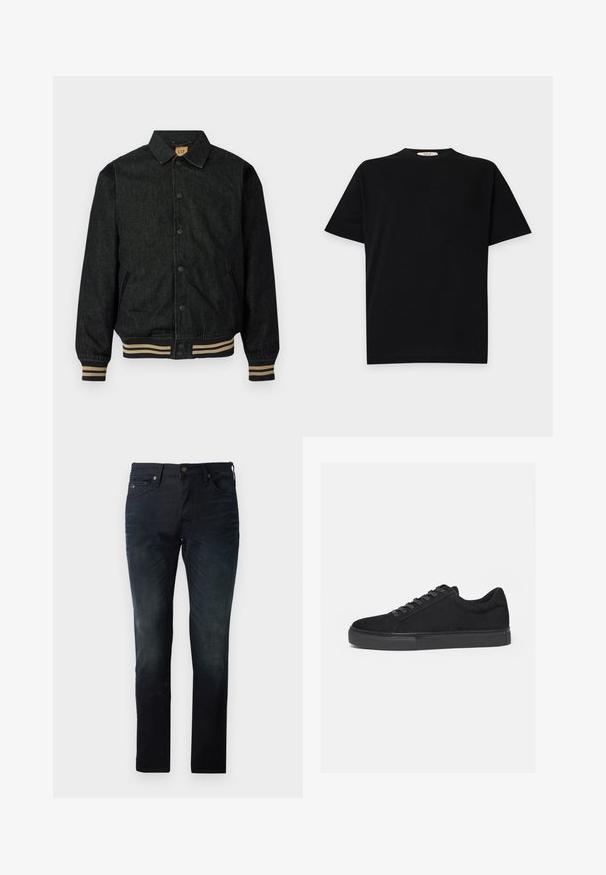 Zwarte denimjas met een knoopsluiting aan de voorkant, geribbelde manchetten en een elastische tailleband. Bevat een kraag en zijzakken.; Zwart T-shirt met korte mouwen en ronde hals met subtiel tonale logo op de borst en een klein merklabel aan de binnenkant van de kraag.; Donkerblauwe spijkerbroek met een rechte snit, voorzien van vijf zakken, een knoopsluiting en subtiele textuurvariaties.; Zwarte lage sneaker met veterluiting aan de voorkant en platte rubberen zool, zijaanzicht op een witte achtergrond.