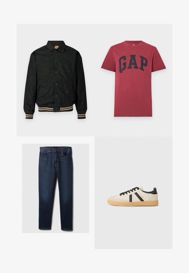 Sort denimjakke med knaplukning foran, ribbede manchetter og elastisk talje. Har krave og sidelommer.; Rød kortærmet t-shirt med rund hals og stor sort "GAP"-tekst centreret på brystet.; Mørkeblå slim-fit denimjeans med let falmning på frontlår, kobbernitter og klassisk fem-lomme-stil, lagt fladt på hvid baggrund.; Casual sneakers i creme med sorte striber, med en tekstureret overdel og sål i gummigummi. Snørebåndene er sorte. Diskret logo på siden.