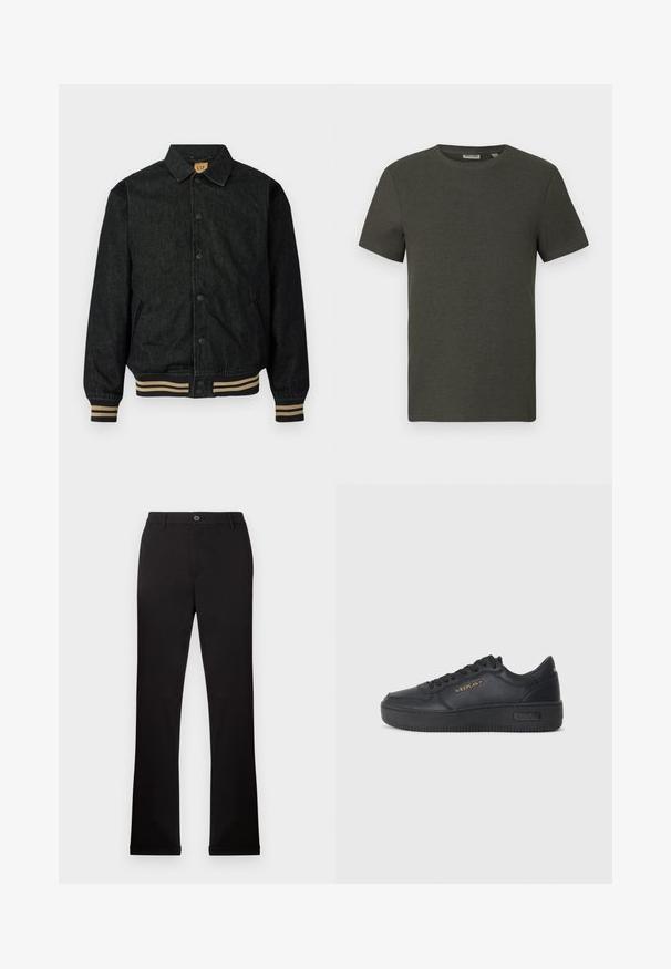 Sort denimjakke med knaplukning foran, ribbede manchetter og elastisk talje. Har krave og sidelommer.; Mørkegrøn kortærmet t-shirt med rund halsudskæring, lavet af ribbet materiale; har et enkelt, minimalistisk design uden mønstre.; Sorte bomuldsbukser med lige ben, en knap- og lynlåslukning samt sidelommer. Glat tekstur, ingen synlige mønstre eller accenter.; Replay EPIC HIGH - Sneakers - black