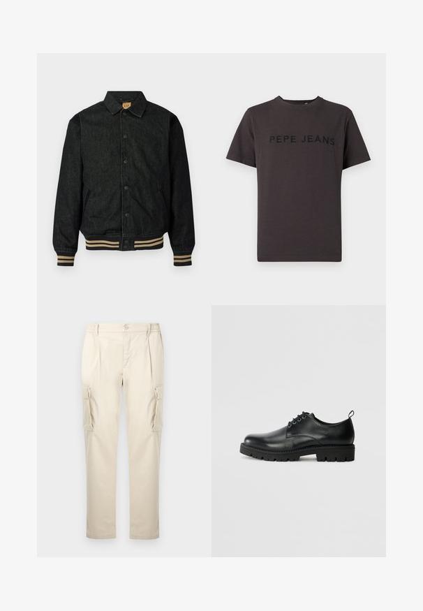 Veste en denim noir avec un devant à boutons, des poignets côtelés et une taille élastique. Dispose d'un col et de poches latérales.; T-shirt gris foncé en coton, avec des manches courtes et un col rond. "PEPE JEANS" est embossé en noir sur le devant.; Pantalon cargo beige en tissu doux et léger. Dispose d'une coupe décontractée, d'une taille élastique et de deux poches latérales avec rabats.; Chaussure en cuir noir à bout arrondi, présentant un design à lacets, une semelle en caoutchouc noire robuste et un petit onglet de talon à l'arrière.
