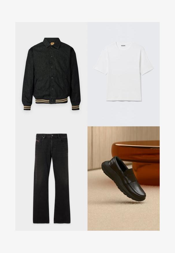 Sort denimjakke med knaplukning foran, ribbede manchetter og elastisk talje. Har krave og sidelommer.; Hvid, kortærmet t-shirt med rund hals og et lille "WEEKDAY"-mærke på indersiden af bagkraven, vist på en flad overflade.; Sorte denim jeans med lige ben, fem lommer og knappelukning, der viser let falming på lårene og knæene.; Sort læderloafer med tyk sål, vist over beige tæppe og nær en rund bordfod i ravfarve.