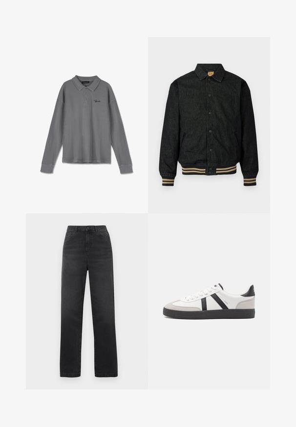 Schwarze Jeansjacke mit Knopfverschluss, gerippten Bündchen und elastischem Saum. Verfügt über einen Kragen und Seitentaschen.; Langarm-Polohemd aus gestreiftem grauem Stoff. Verfügt über einen Kragen, eine Drei-Knopf-Leiste und dezente schwarze Markenkennzeichnung auf der Brust.; Hoch sitzende schwarze Jeans aus Baumwoll-Denim mit geradem Bein, ausgestattet mit Fronttaschen und einem einzelnen Knopfverschluss. Glatte Textur.; Weiße Sneaker mit schwarz- und grau-aczenten, ausgestattet mit einer strukturierten grauen Zehenkappe, schwarzer Gummi-Sohle und flachen weißen Schnürsenkeln. Sauberes Design, minimalistische Stil.