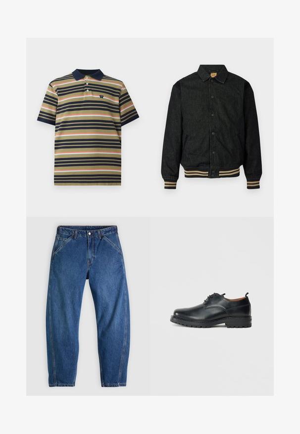 Sort denimjakke med knaplukning foran, ribbede manchetter og elastisk talje. Har krave og sidelommer.; Kortærmet polo shirt med marinefarvet krave, olivenfarvet bund og horisontale striber i marine, koral og lyseblå, med lille logo på brystet.; Blå denimjeans med afslappet pasform, med knaplukning, fem lommer og kontrasterende orange syninger. Glat tekstur over det hele.; Sorte læder derby-sko med en glat overflade, rund tå, snøre-design og en tyk, robust gummisål.