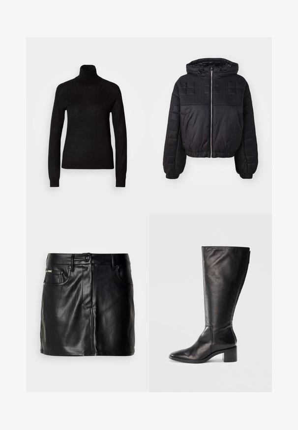 Schwarze Daunenjacke mit gestepptem Design, Kapuze und elastischen Bündchen. Sie verfügt über einen Reißverschluss auf der Vorderseite und hat einen cropped Schnitt.; Schwarzer Rollkragenpullover aus leichtem Strickmaterial. Mit langen Ärmeln und einer figurbetonten Silhouette mit Raglanärmeln.; Schwarzer Leder-Minirock mit tailliertem Design, ausgestattet mit frontalen Taschen, einem Knopfverschluss und glatter Textur.; Schwarze Lederkniehohe Stiefel mit quadratischer Spitze, Blockabsatz und schlankem Design. Glatte Textur mit einem seitlichen Reißverschluss für einfaches Anziehen.