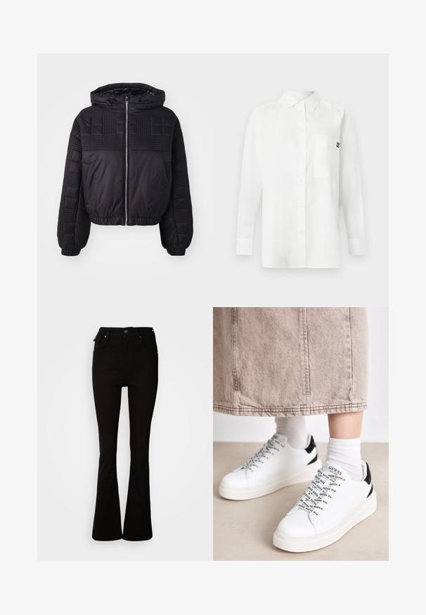 Veste matelassée noire avec une texture piquée, une capuche et des poignets élastiques. Elle dispose d'une fermeture éclair à l'avant et d'un design court.; Chemise blanche à manches longues en tissu mélangé coton, dotée d'un col à boutons, d'une poche avant et d'un petit logo noir sur la poitrine.; Jean noir évasé en denim, avec une taille haute, des poches avant, et un design classique à cinq poches avec des accents en métal.; Baskets blanches avec des accents noirs texturés au niveau du talon, un branding proéminent dans la zone des lacets, et une semelle épaisse et solide en caoutchouc.