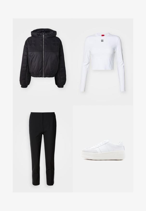 Chaqueta de abrigo negra con textura acolchada, capucha y puños elásticos. Presenta un cierre frontal de cremallera y un diseño corto.; Top corto de manga larga blanco, hecho de algodón, con cuello redondo y un pequeño logo negro "HUGO" en el pecho. Textura suave con un diseño ajustado.; Pantalones negros con un diseño de pierna recta, fabricados en una tela suave. Presenta detalles con cremallera en los laterales inferiores. Estilo limpio y minimalista.; Zapatilla blanca de caña baja con cierre de cordones, suela gruesa tipo plataforma y detalle de ante en la puntera, mostrada de lado sobre un fondo liso.