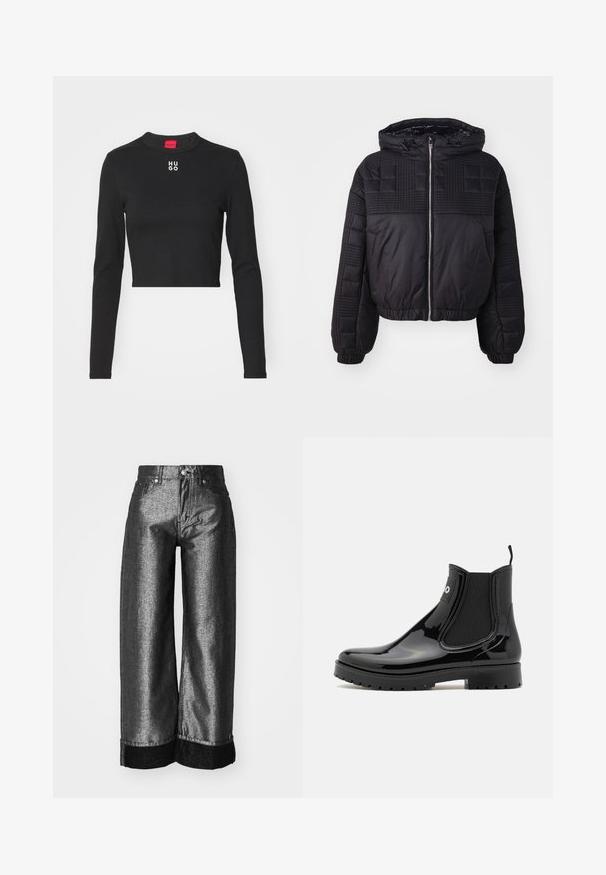 Sort pufferjakke med quiltet tekstur, hætte og elastiske manchetter. Har en frontlynlås og en cropped design.; Sort langærmet cropped top lavet af glat stof, med rund hals og hvid "HUGO" logo på brystet.; Breddebenede jeans i metallisk mørkegrå denim med en glat tekstur. Har en sort denimmanchet og standard knap-og-lynlås lukning med bæltestropper.; HUGO TABITA - Gummistøvler - black