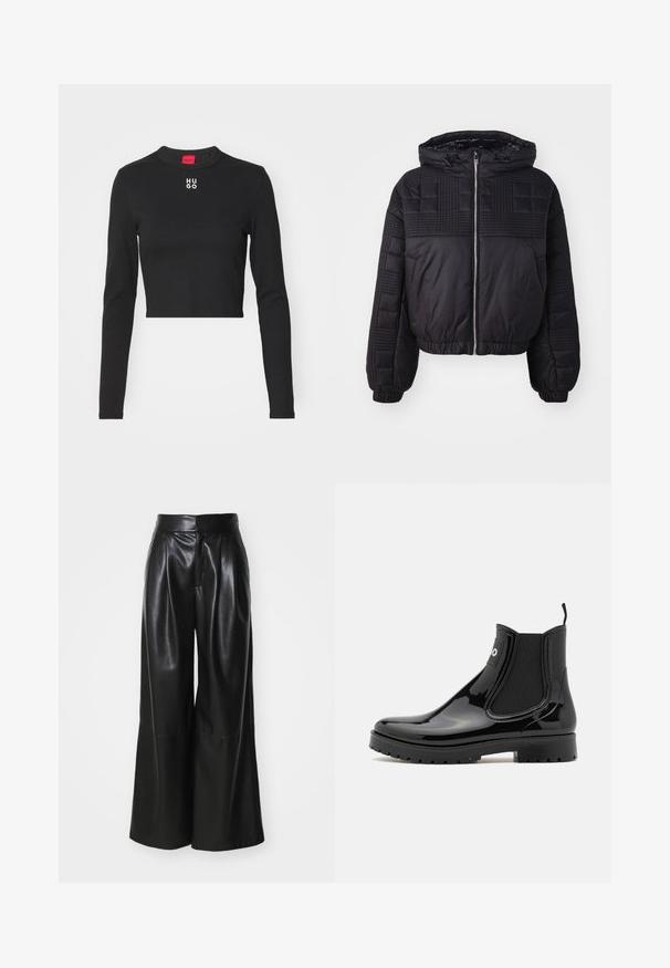 Chaqueta de abrigo negra con textura acolchada, capucha y puños elásticos. Presenta un cierre frontal de cremallera y un diseño corto.; Top corto negro de manga larga hecho de tela suave, con cuello redondo y el logo blanco de "HUGO" en el centro del pecho.; Pantalones de cuero sintético negros de pierna ancha con una cintura alta, frente plisado y textura suave. Presenta un diseño limpio y minimalista.; HUGO TABITA - Botas de agua - black