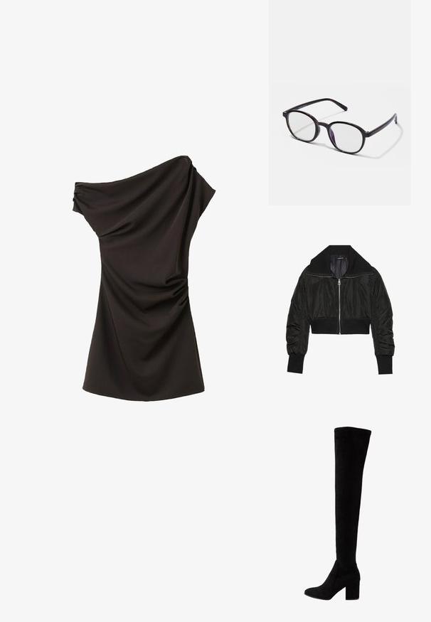 Veste bomber noire courte avec fermeture éclair à l'avant, grand col et poignets côtelés, présentant une texture lisse et brillante ainsi qu'un design rembourré.; Robe noire à une épaule avec un décolleté asymétrique et un drapé froncé sur le côté, longueur genou, tissu lisse.; Bottes noires au-dessus du genou en daim doux, avec un talon haut épais et un design épuré et ajusté avec un bout rond.; Lunettes à monture ronde en plastique écaille sombre avec des verres transparents et une légère teinte violette sur le verre droit. Présentent des embouts de branches flexibles.