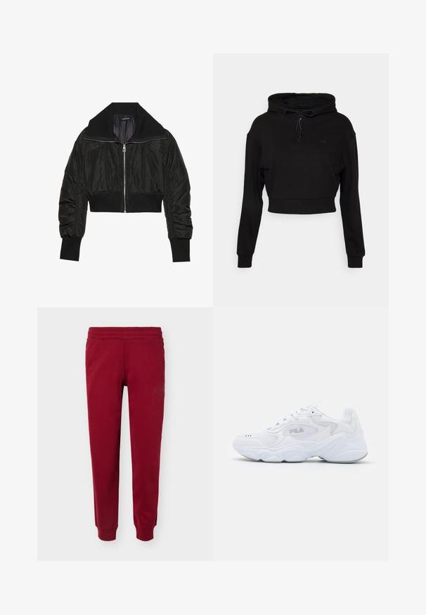 Veste bomber noire courte avec fermeture éclair à l'avant, grand col et poignets côtelés, présentant une texture lisse et brillante ainsi qu'un design rembourré.; Even&Odd active by Zalando Sweat à capuche - black; Pantalon de jogging rouge avec taille élastique et chevilles resserrées, présentant une broderie discrète du logo sur la partie supérieure de la cuisse.; Baskets blanches avec une tige en mesh texturé, un col rembourré et une semelle épaisse. Présente un logo sur le côté et un système de laçage.