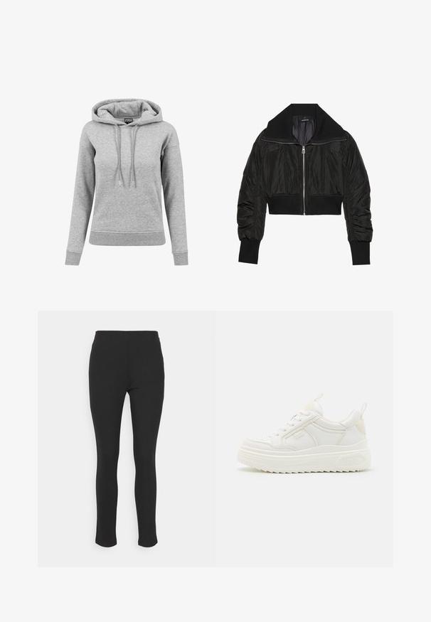 Veste bomber noire courte avec fermeture éclair à l'avant, grand col et poignets côtelés, présentant une texture lisse et brillante ainsi qu'un design rembourré.; Haut à capuche gris en coton, équipé d'une capuche avec cordon de serrage, de manches longues, de poignets côtelés et d'un ourlet. Design uni sans motifs.; Leggings noirs en tissu extensible avec une texture lisse, présentant un design taille haute et une coupe slim, fuselée. Aucune couture visible.; Baskets en cuir blanc avec une semelle épaisse, design à lacets et branding subtil. Présentent une texture lisse et un bout arrondi.