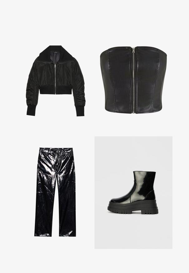 Schwarze, cropped Bomberjacke mit Reißverschluss vorne, breitem Kragen und gerippten Bündchen, mit glatter, glänzender Textur und gepolstertem Design.; Schwarzes Leder-Corsage-Oberteil mit strukturierter Passform. Verfügt über einen zentralen silbernen Reißverschluss und Nahtdetails entlang des Oberteils. Schmeichelnde Textur.; Schwarze, hochglänzende, Kunstlederhosen mit weitem Bein, klassischem Fünf-Taschen-Design, Knopf- und Reißverschluss sowie glänzender Textur.; Schwarze, glänzende Knöchelstiefel mit dickem Profilsohle und abgerundeter Zehenform, Seitenansicht vor einem schlichten, hellgrauen Hintergrund.