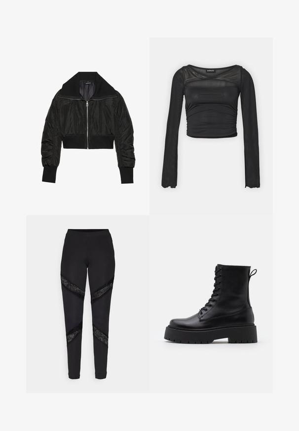 Schwarze, cropped Bomberjacke mit Reißverschluss vorne, breitem Kragen und gerippten Bündchen, mit glatter, glänzender Textur und gepolstertem Design.; Schwarzes Langarmtop mit taillierter Passform, gerafftem Textur und transparenten Einsätzen am Ausschnitt. Hergestellt aus leichtem, dehnbarem Material.; Schwarze Leggings mit dreieckigen Ausschnitten, die an den Seiten mit schwarzer Spitze akzentuiert sind. Sie bestehen aus einem dehnbaren Stoff mit passgenauer Passform.; Schwarze Lederstiefeletten mit runder Zehenpartie, Schnürung vorne und einer dicken Gummisohle mit strukturiertem Profil. Mit Zugschlaufe an der Rückseite.