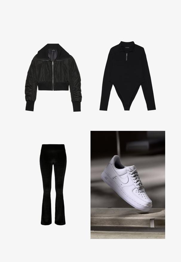 Sort cropped bomberjakke med lynlås foran, bred krave og ribbede manchetter, med en glat, shiny tekstur og polstret design.; Sort langærmet bodysuit med høj krave, halvlange lynlås og en tætsiddende pasform med en thong-bagudskæring. Blød stofstruktur.; Sorte bukser med vidde i blødt, velourstof. Høj talje og glat overflade. Designet har en vid cut fra knæet og ned.; Hvid Nike Air Force 1 sneaker svævende over en betonoverflade med skygger i et minimalistisk miljø.