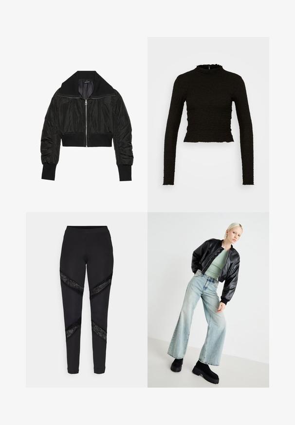 Veste bomber noire courte avec fermeture éclair à l'avant, grand col et poignets côtelés, présentant une texture lisse et brillante ainsi qu'un design rembourré.; ONLY ONLLUCA STRUCTURED - T-shirt à manches longues - black; Leggings noirs avec des découpes triangulaires accentuées de dentelle noire sur les côtés, fabriqués dans un tissu extensible avec un design ajusté.; Veste bomber en cuir noir, haut ajusté vert clair, jean large bleu clair et bottes à plateforme noires et épaisses. Textures lisses et couleurs contrastées.