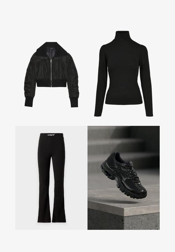 Veste bomber noire courte avec fermeture éclair à l'avant, grand col et poignets côtelés, présentant une texture lisse et brillante ainsi qu'un design rembourré.; Pull en jersey noir à col roulé et manches longues, fabriqué en coton extensible. Présente un design ajusté avec des épaules légèrement bouffantes et un col haut.; Leggings noires évasées avec une texture lisse et une taille élastique arborant un logo blanc. Conçus pour le confort et la flexibilité.; Chaussure de course noire Nike avec tige en mesh et synthétique flottant au-dessus d'une surface en béton avec des marches en arrière-plan.