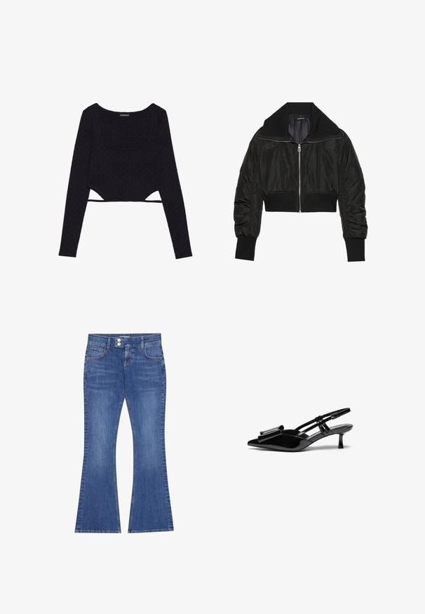 Sort cropped bomberjakke med lynlås foran, bred krave og ribbede manchetter, med en glat, shiny tekstur og polstret design.; Sort cropped langærmet top med et tekstureret sekskantet mønster, scoop halsudskæring og udskårne detaljer i kanten. Blødt, strækbart stof.; Flared blå jeans lavet af denim. Har dobbelt forlommer, to-knaps lukning og et klassisk fem-lomme design.; Sorte patenterede læderslingbacks med spids tå, en sløjfedetalje foran og en lille stilettohæle. Remmene har justerbare spænder.