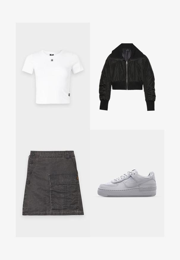 Veste bomber noire courte avec fermeture éclair à l'avant, grand col et poignets côtelés, présentant une texture lisse et brillante ainsi qu'un design rembourré.; T-shirt blanc à manches courtes en coton doux, doté d'un col rond et d'un petit logo noir sur la poitrine. Détail d'étiquette sur le côté inclus.; Jupe grise en tissu texturé avec une fermeture à boutons à l'avant et une poche latérale. Présente un aspect légèrement usé et des détails cousus.; Basket en cuir lisse gris Nike Air Force 1 avec un bout perforé, une semelle épaisse et un détail 'AIR' en relief sur le talon.