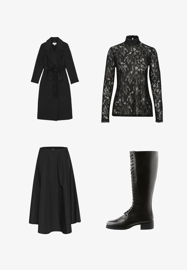 Lang sort uldfrakke med brede slag, dobbeltradede knapper og et matchende bælte bundet om taljen.; Sort blondelace turtleneck top med lange ærmer, der har et indviklet blomstermønster og en bølget halsudskæring. Gennemsigtigt, struktureret stof.; Sort knælang nederdel med elastisk talje, der har plisseringer for volumen og en glat tekstur. Enkel, klassisk design uden udsmykninger.; Sorte læder støvler til knæhøjde med snørebånd foran, rund tå og blokhæl, med en glat overflade og ingen synlige mønstre.