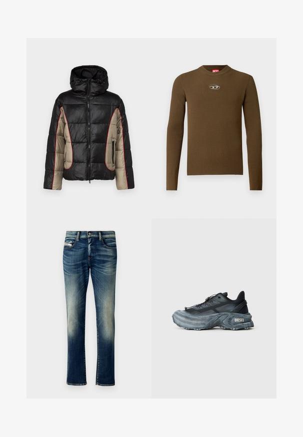 Chaqueta acolchada negra y beige con capucha, que presenta paneles acolchados, costuras rojas de contraste y bolsillos laterales con cremallera.; Top de manga larga de canalé marrón con cuello redondo y un parche con logo en el pecho. La textura es suave y ajustada, fabricada en material elástico.; Jeans de denim azul oscuro con un lavado desgastado, corte recto, costuras contrastantes, cinco bolsillos y un cierre de botón en la cintura.; Zapatilla Diesel en negro y gris con suela gruesa, cierre de cordón y diseño texturizado sobre un fondo liso de color gris claro.